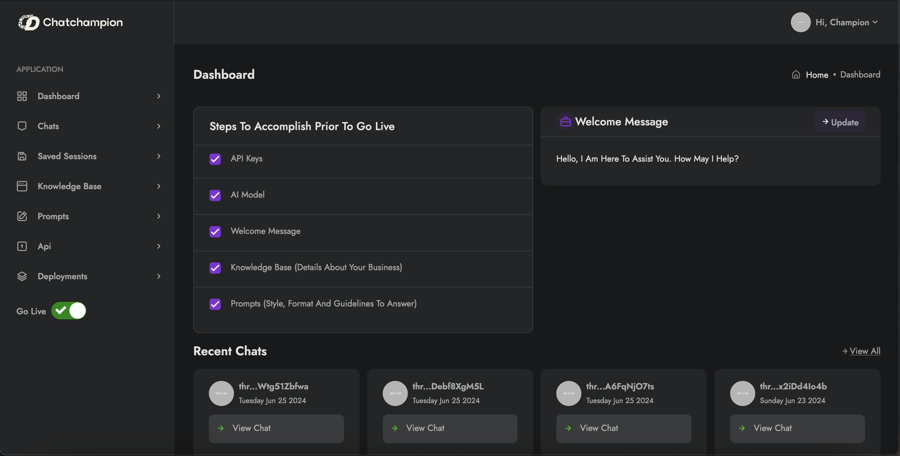 Screenshot of ChatChampion AI Dashboard